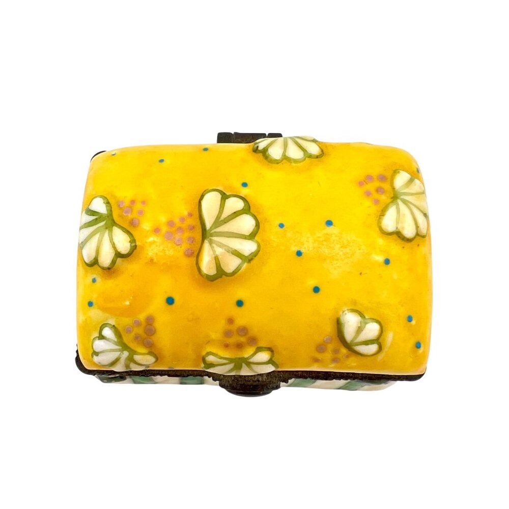 Hand-Painted Ceramic Trinket Box Yellow Floral Lid & Green Striped Dotted Base - Picture 7 of 8